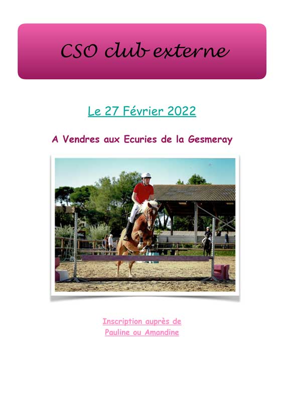 Les cavaliers de l'Écurie de la Serre participeront au CSO des Écuroes de la Gesmeray, à Vendres, le 27/02/2022